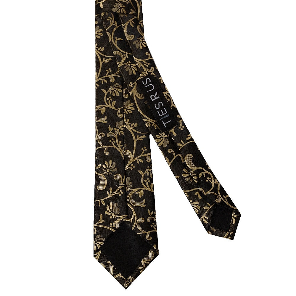 Black With Gold Floral Skinny Boys Tie 3