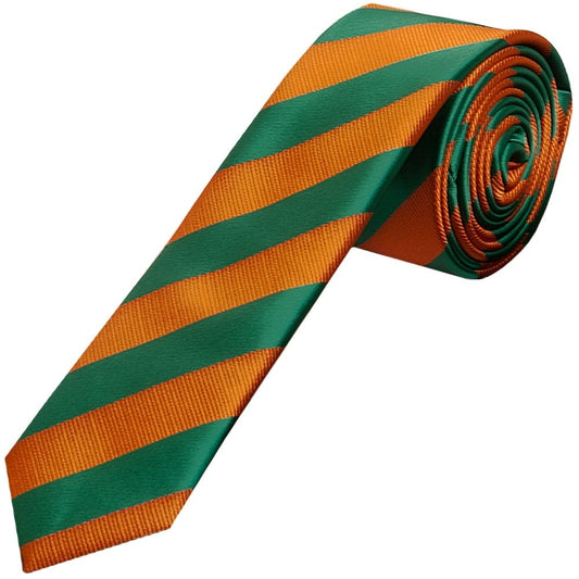 Orange And Green Striped Skinny Mens Tie And Pocket Square Set 2