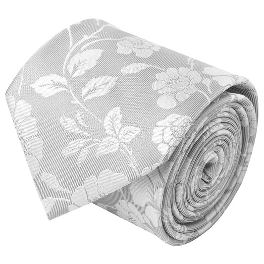 Silver With White Floral Silk Classic Tie 2