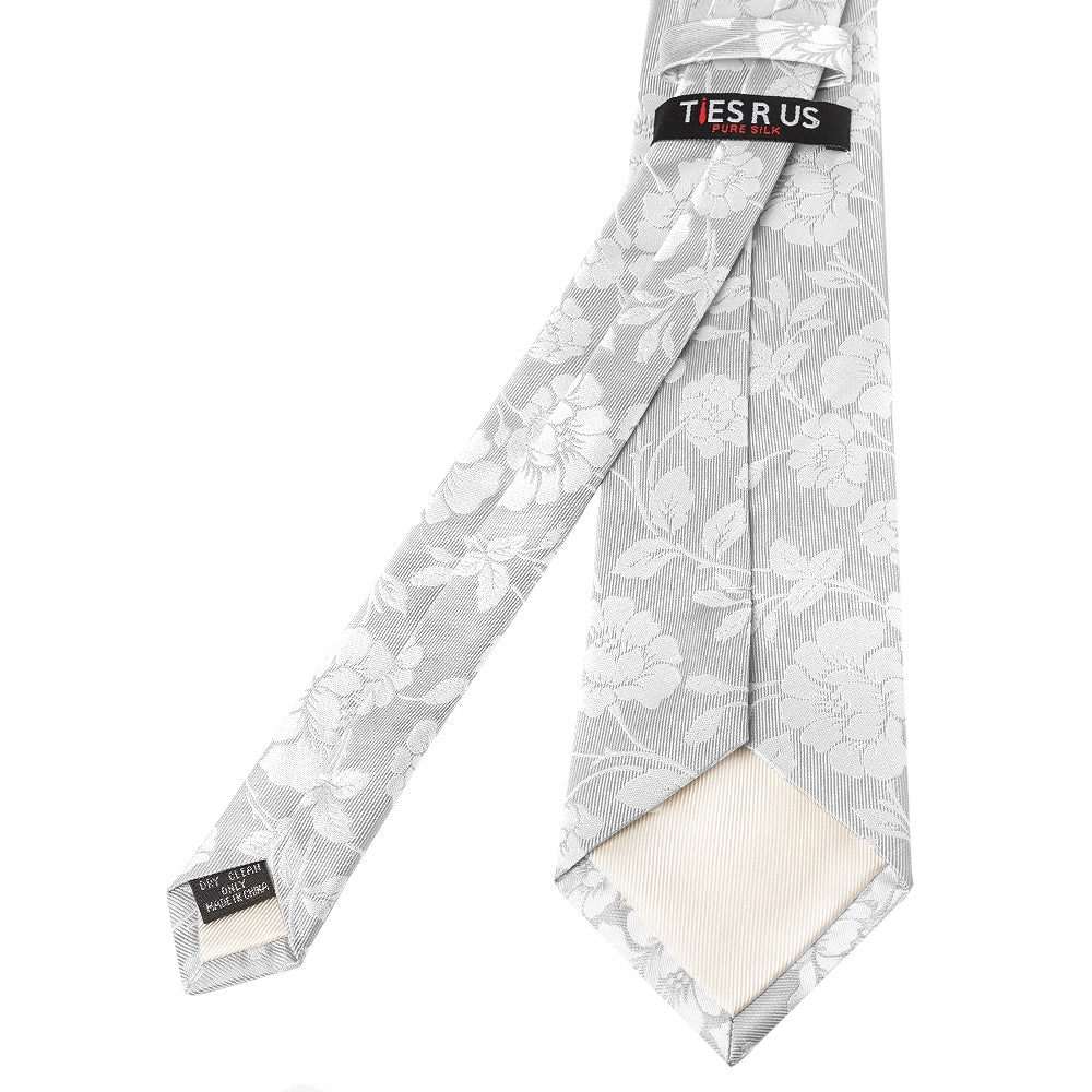 Silver With White Floral Silk Classic Tie 3