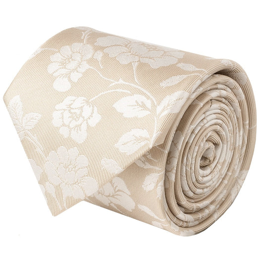 Champagne With White Floral Silk Classic Tie 2