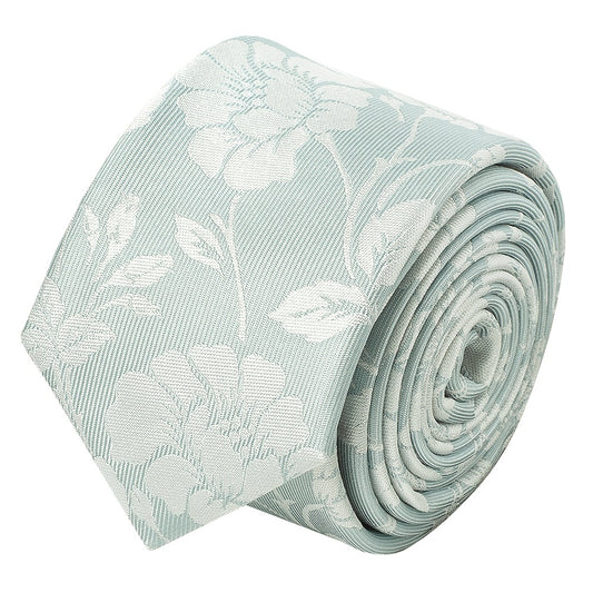 Duck Egg With White Floral Silk Skinny Tie 2