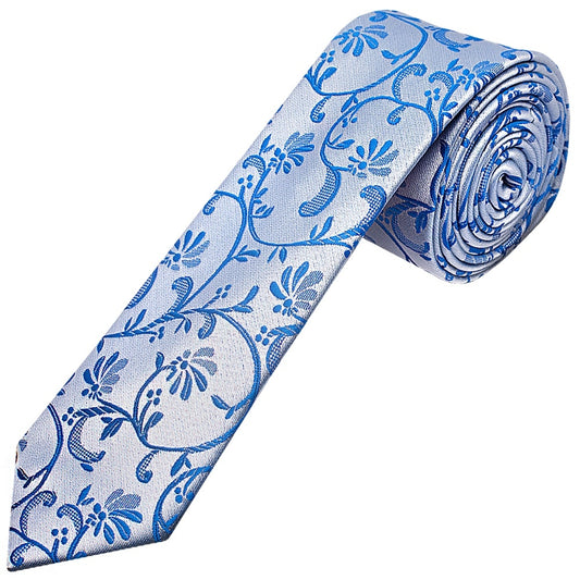 Royal Blue Floral Skinny Mens Tie And Pocket Square Set 2