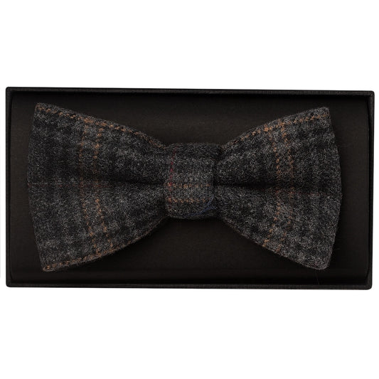 Dark Grey Check Mens Tweed Bow Tie And Pocket Square Set 2