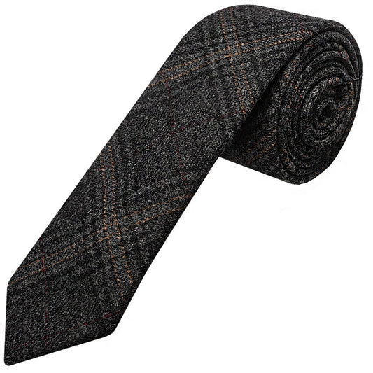 Dark Grey Check Tweed Skinny Boys Tie And Pocket Square Set 2