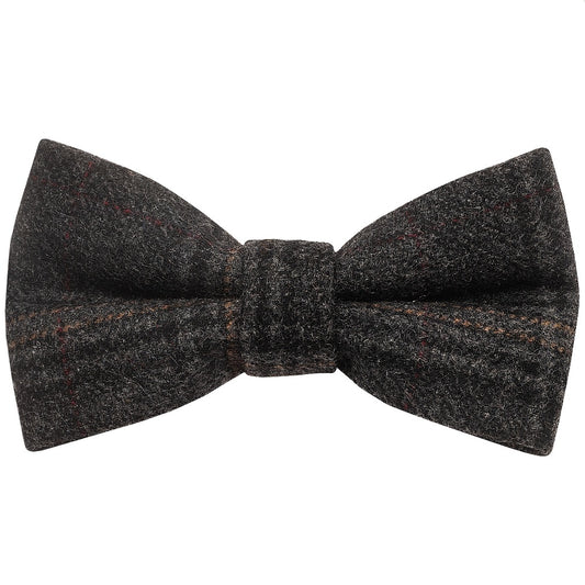 Pre Tied Dark Grey Check Tweed Boys Bow Tie And Pocket Square Set 2