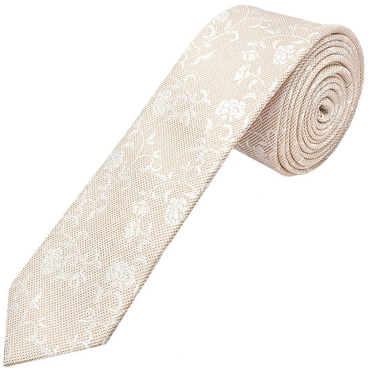 Champagne And White Floral Skinny Mens Tie And Pocket Square Set 2