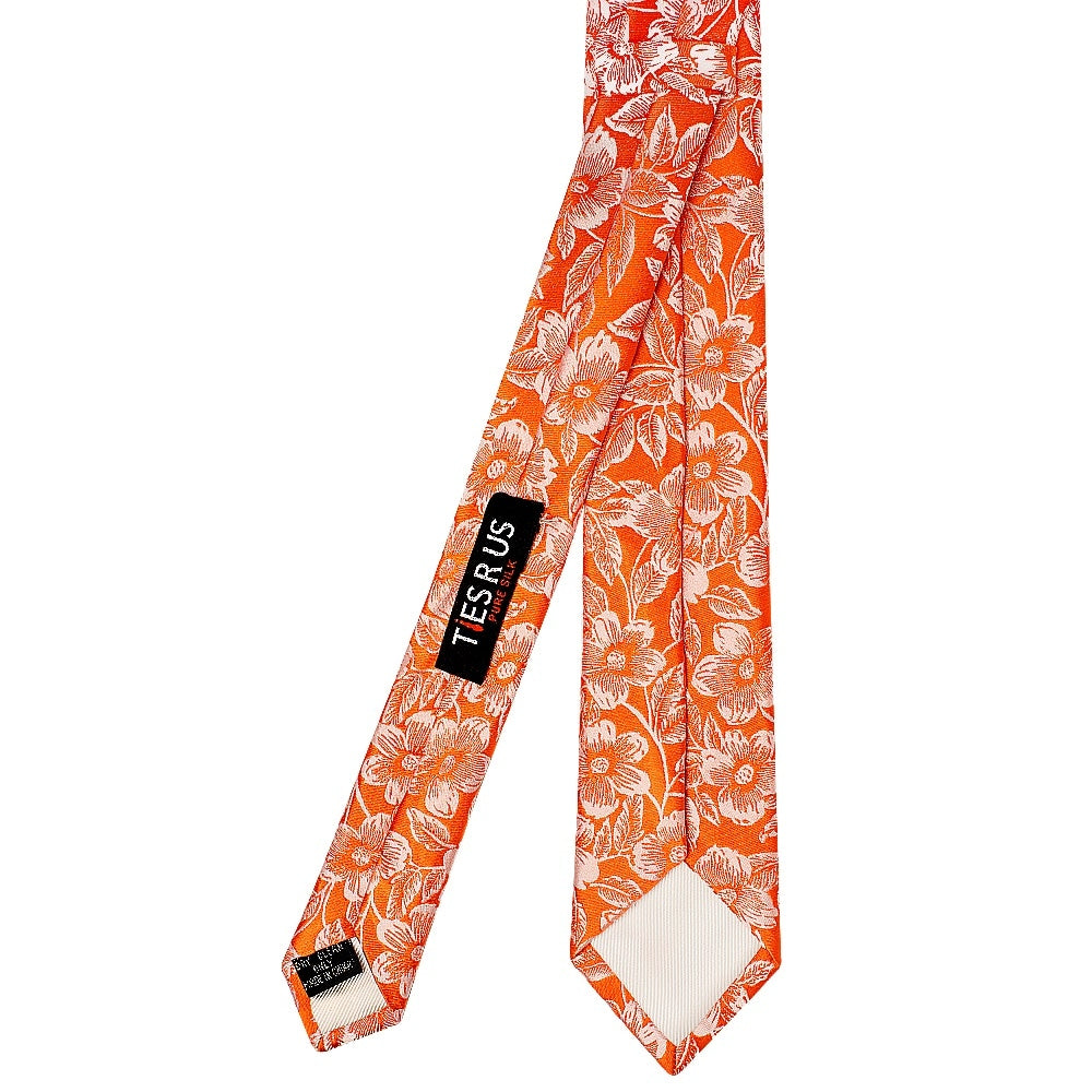 Mens Orange Floral Silk Skinny Tie 3