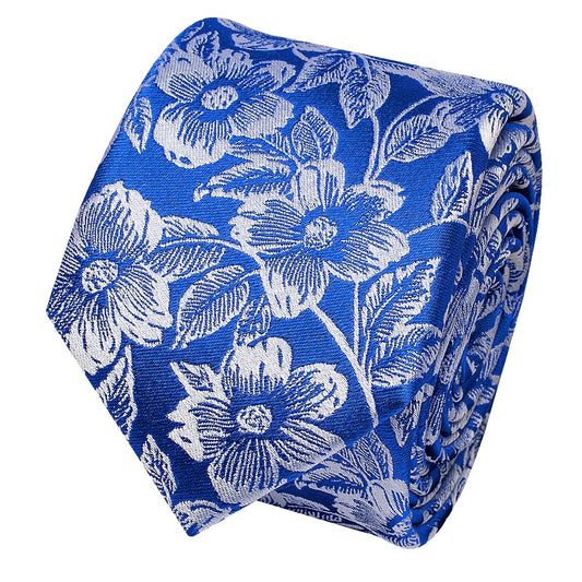 Mens Royal Blue Floral Silk Skinny Tie 2