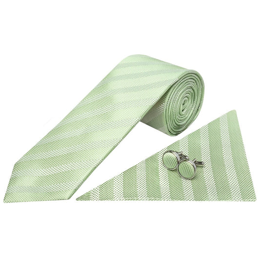 Mens Light Sage Textured Stripe Silk Classic Tie Pocket Square And Cufflinks Box Set 2