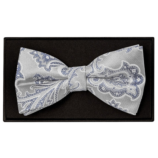 Silver And Blue Paisley Handmade Mens Bow Tie And Pocket Square Set 2