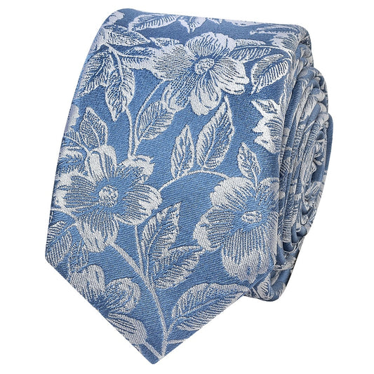 Dusty Blue Floral Silk Skinny Mens Tie 2