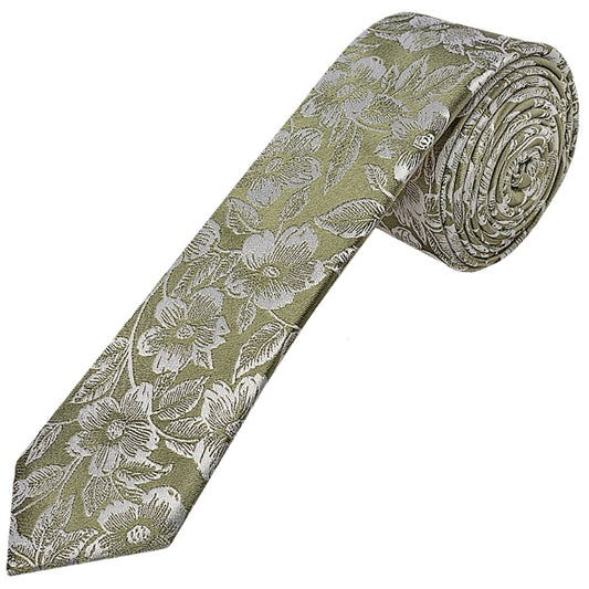 Olive Floral Silk Skinny Mens Tie And Pocket Square Set 2