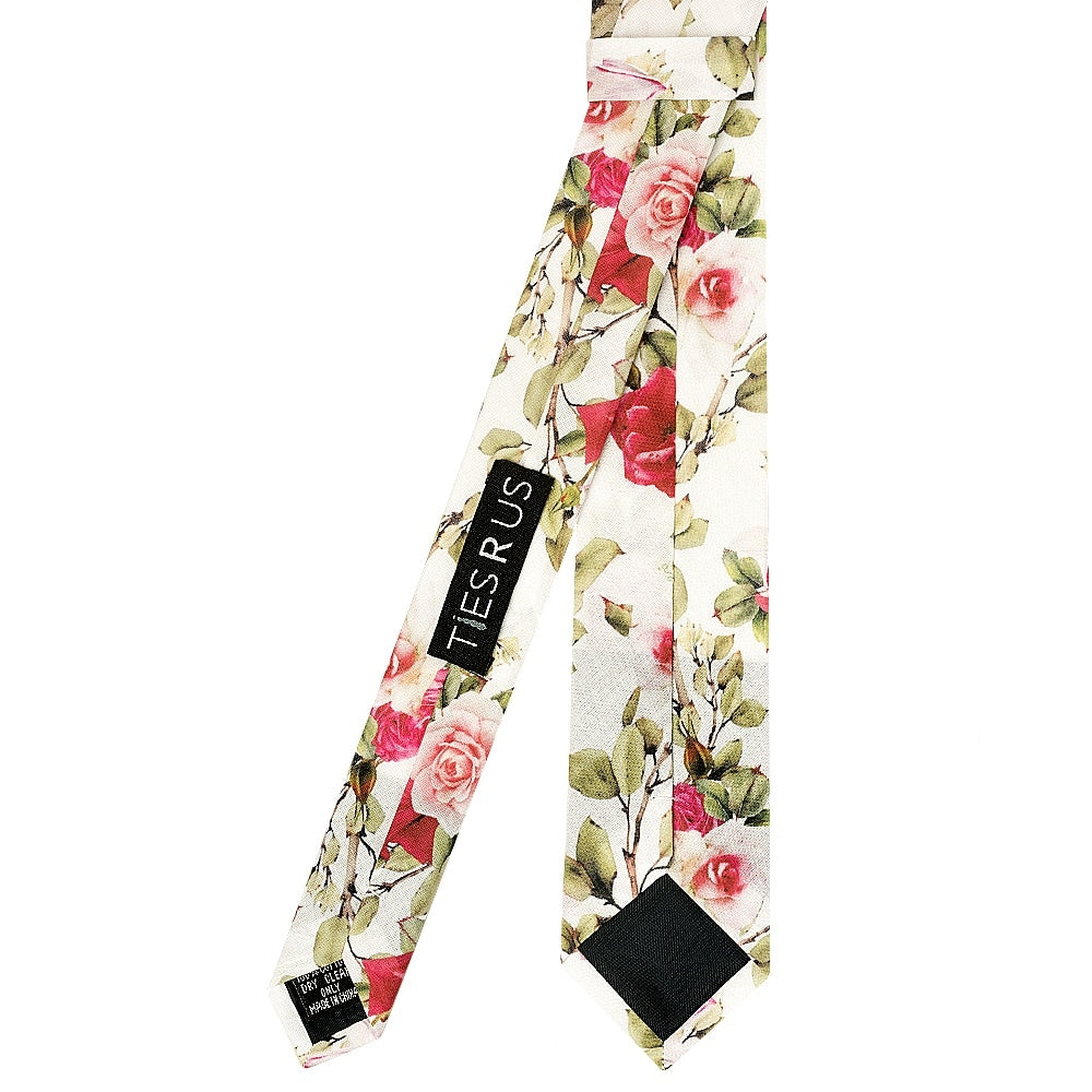 Mens Skinny White Cotton Tie With Green Leaves And Roses 4