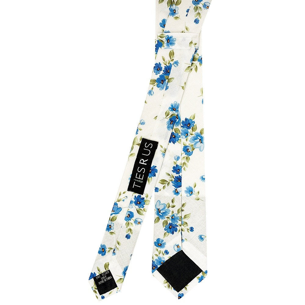 Mens Skinny White Cotton Tie With Blue Flowers 4