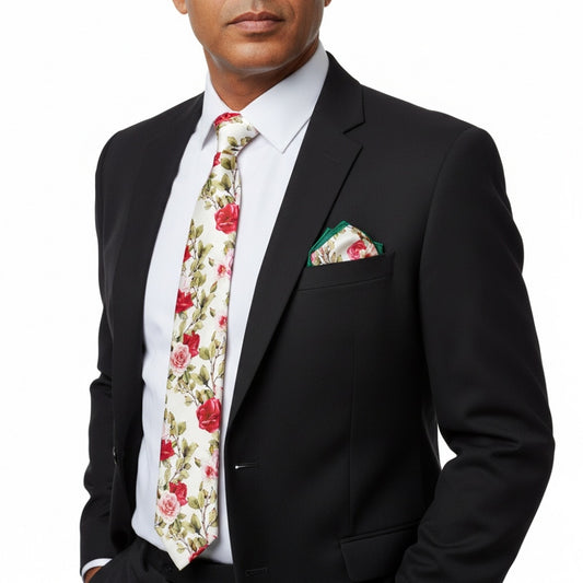 Mens Classic White Cotton Tie With Green Leaves And Roses And Pocket Square Set 2