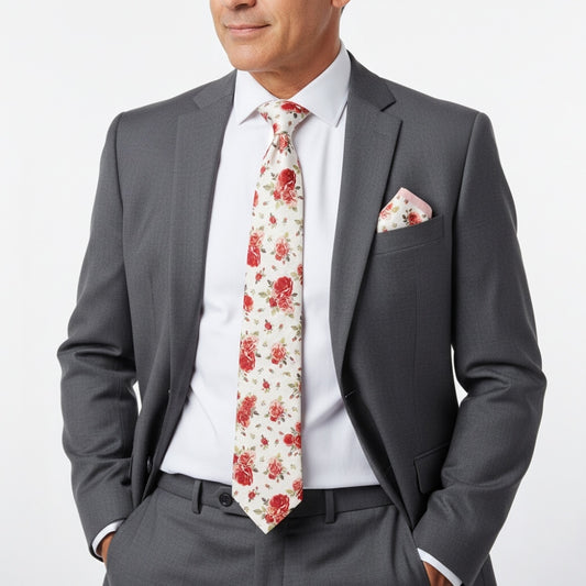 Mens Classic White Cotton Tie With Pink Roses 2