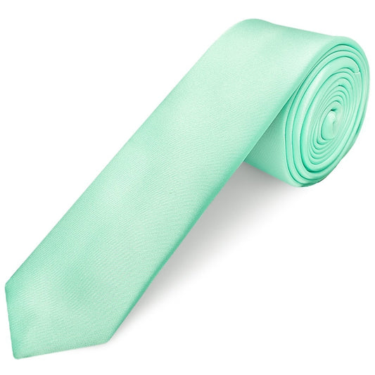 Plain Mint Green Satin Skinny Boys Tie And Pocket Square Set 2