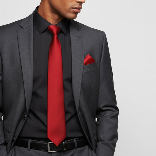 Plain Scarlet Red Satin Classic Mens Tie And Pocket Square Set 2
