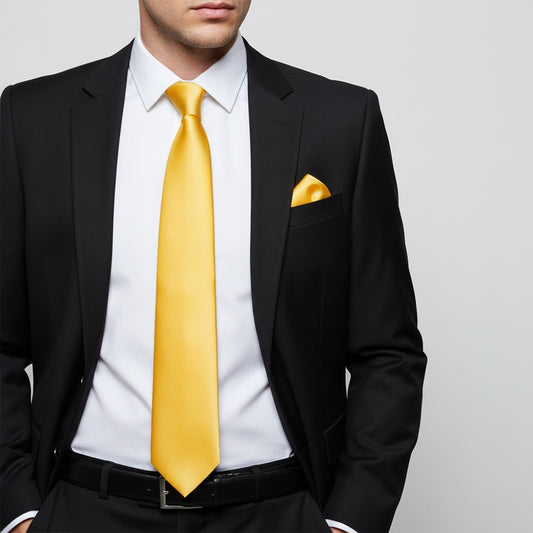 Plain Yellow Gold Satin Classic Mens Tie And Pocket Square Set 2