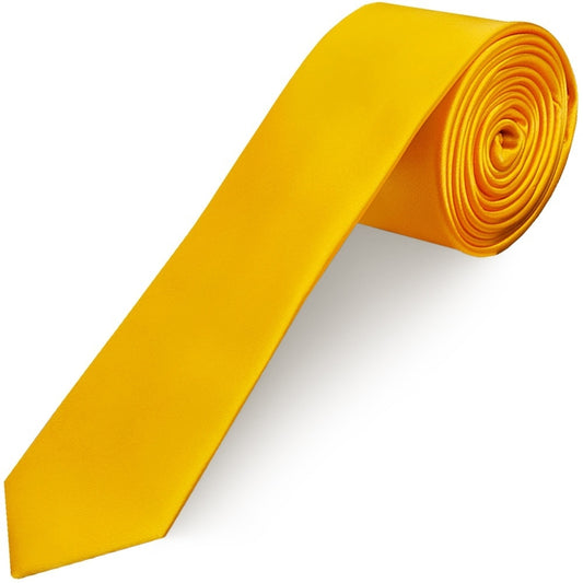 Plain Bright Yellow Satin Skinny Mens Tie And Pocket Square Set 2