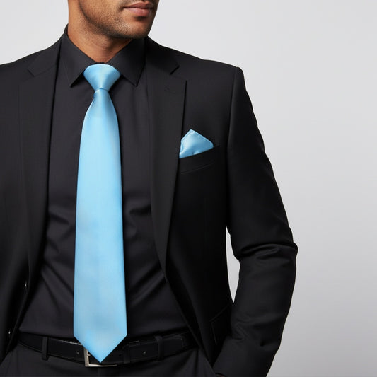 Plain Sky Blue Satin Classic Mens Tie And Pocket Square Set 2