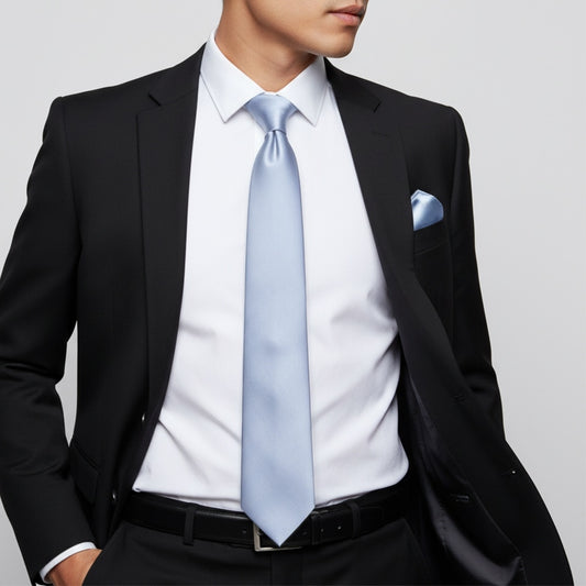 Plain Dusty Blue Satin Classic Mens Tie And Pocket Square Set 2