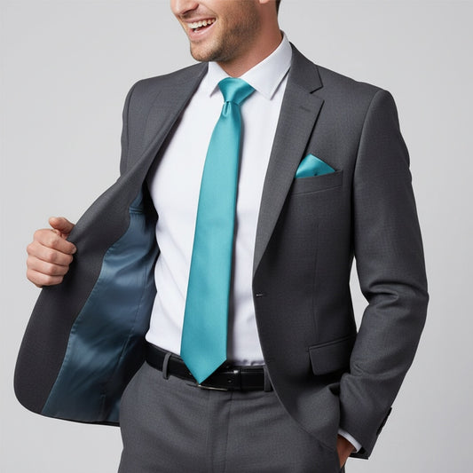 Plain Turquoise Satin Classic Mens Tie And Pocket Square Set 2