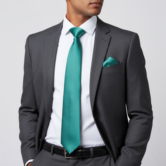 Plain Teal Green Satin Classic Mens Tie Pocket Square Set 2