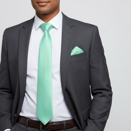 Plain Mint Green Satin Classic Mens Tie And Pocket Square Set 2