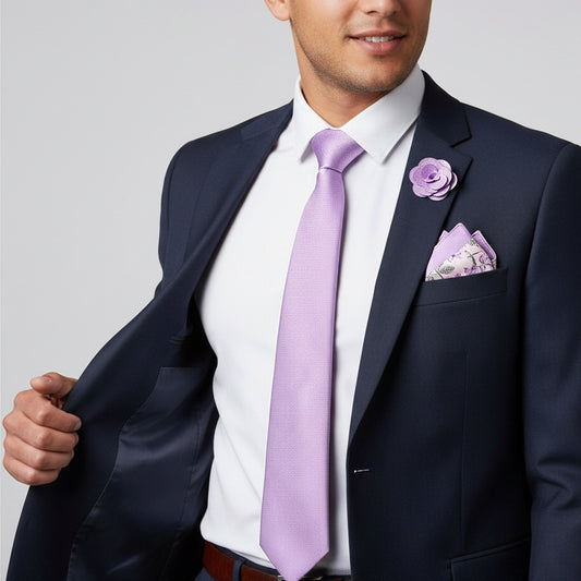 Classic Lilac Mens Tie With Pocket Square And Lapel Pin Set 2