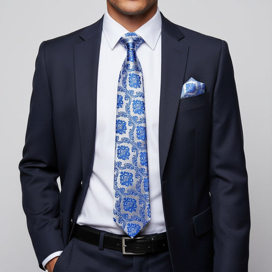 Royal Blue Paisley Classic Mens Tie And Pocket Square Set 2