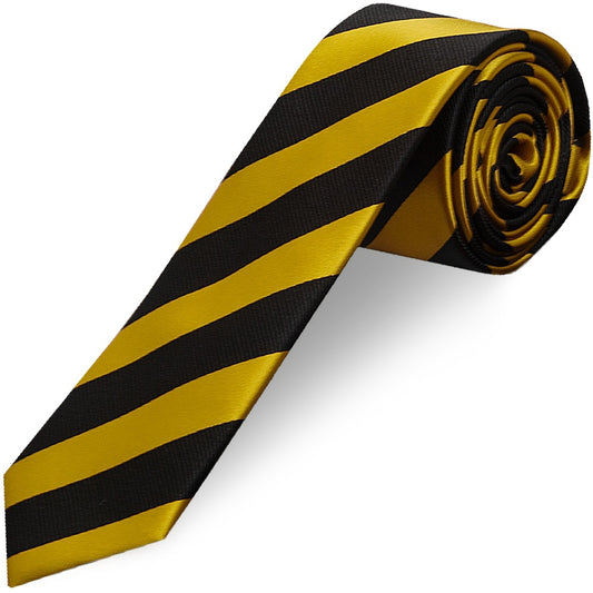 Black and Gold Striped Skinny Mens Tie and Pocket Square Set