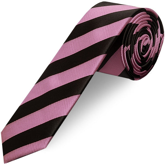 Black and Pink Striped Skinny Mens Tie and Pocket Square Set