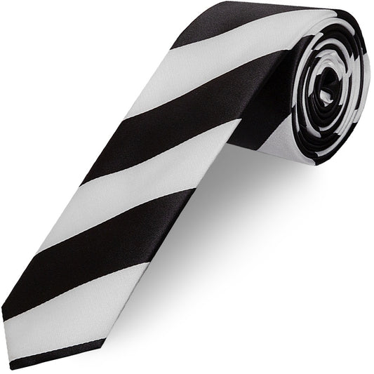 Black and White Striped Skinny Mens Football Tie and Pocket Square Set