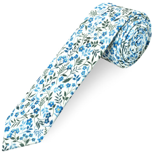 Mens Skinny Blue Small Floral Tie and Pocket Square Set