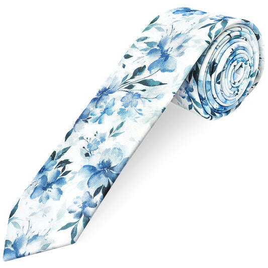Mens Blue Large Floral Skinny Tie and Pocket Square Set