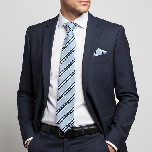 Blue Twin Stripe Classic Mens Tie and Pocket Square Set