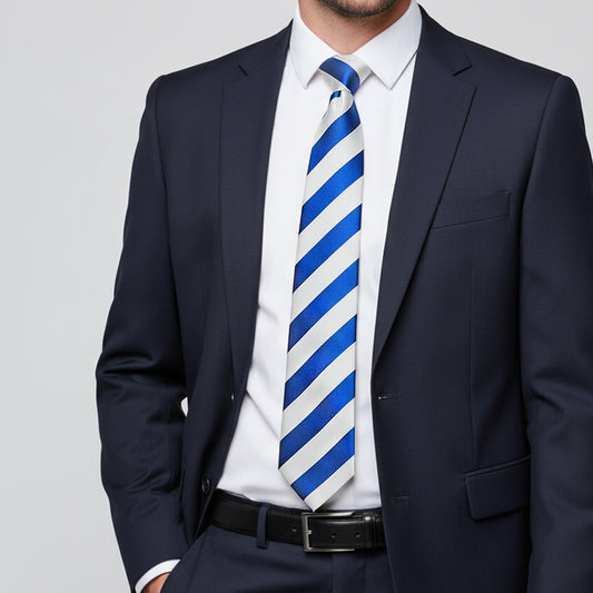 Blue and White Striped Hand Made Classic Mens Football Tie