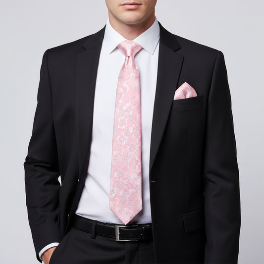 Blush Pink Floral Silk Classic Mens Tie and Pocket Square Set