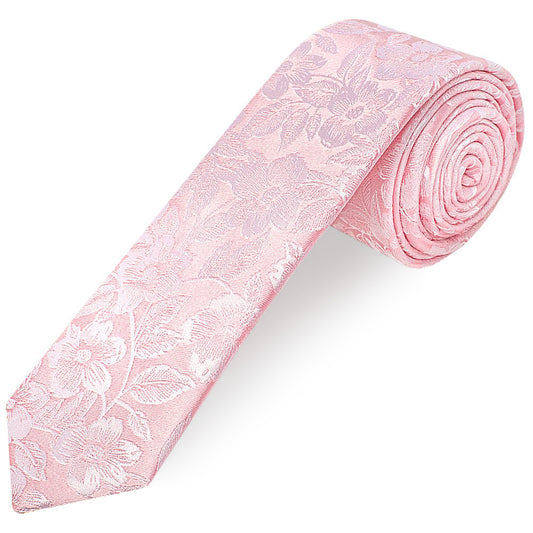 Blush Pink Floral Silk Skinny Mens Tie and Pocket Square Set