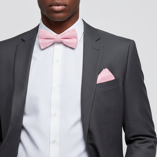 Plain Blush Pink Silk Mens Bow Tie and Pocket Square Set