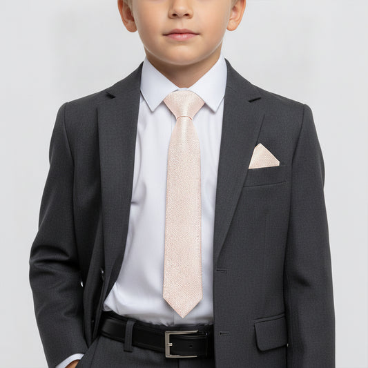 Pre Tied Blush Self Floral Textured Silk Boys Tie and Pocket Square Set Age 4-7