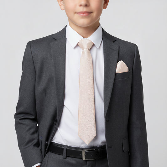 Blush Self Floral Textured Silk Skinny Boys Tie and Pocket Square Set
