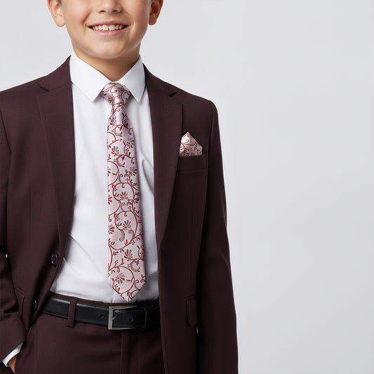 Burgundy Floral Skinny Boys Tie and Pocket Square Set