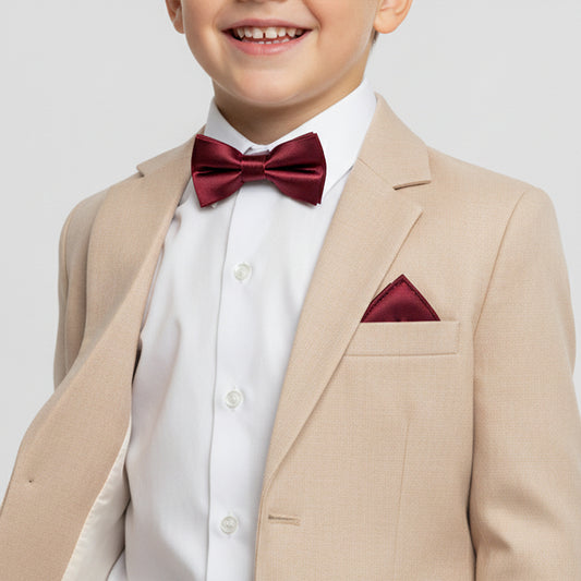 Pre Tied Burgundy Satin Boys Bow Tie and Pocket Square Set Age 4-7