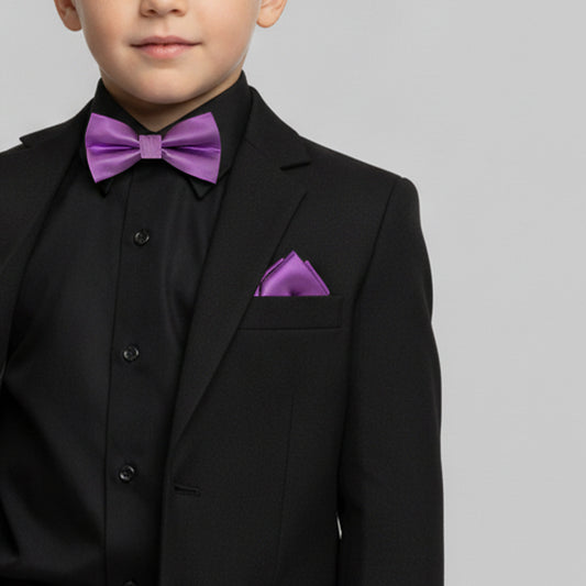 Pre Tied Cadburys Purple Satin Boys Bow Tie and Pocket Square Set Age 4-7