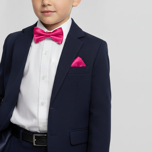 Pre Tied Cerise Pink Boys Bow Tie and Pocket Square Set Age 4-7