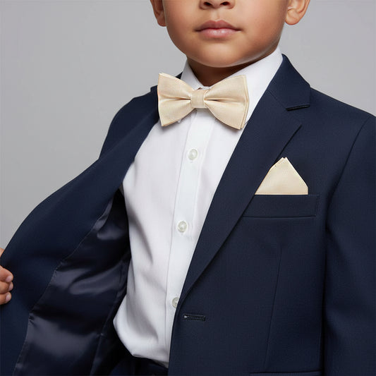 Pre Tied Champagne Boys Bow Tie and Pocket Square Set Age 4-7