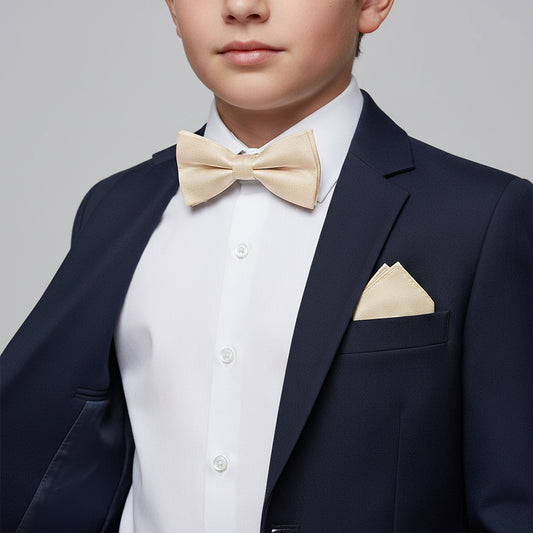 Pre Tied Champagne Silk Boys Bow Tie and Pocket Square Set Age 8-11